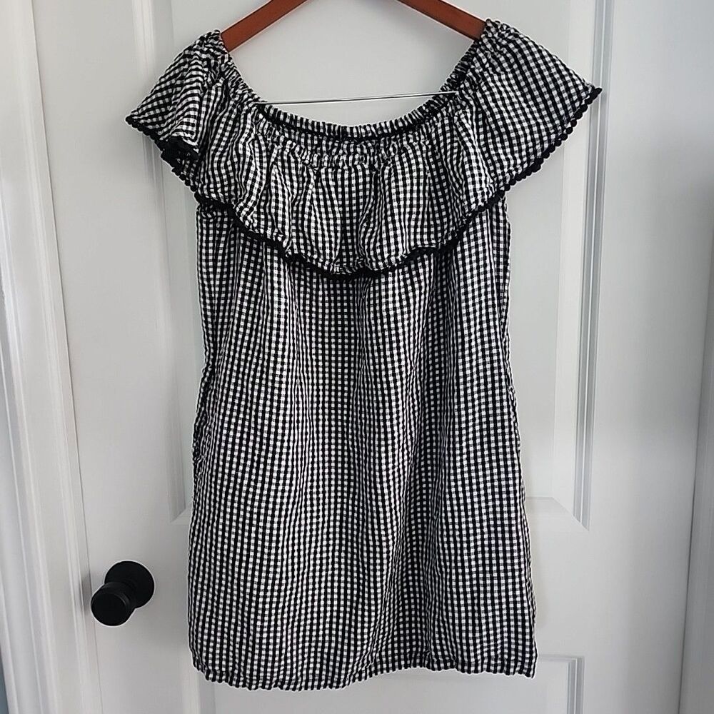 Tommy Bahama Womens Size M Gingham Linen Pompom Off The Shoulder Dress Pockets
